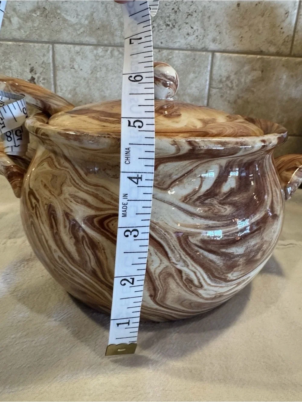 Vintage Emil Cahoy Marblestone Soup Tureen Lid Ladle Brown Swirl SD